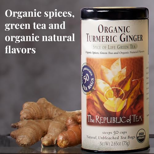 The Republic of Tea Organic Turmeric Ginger Green Tea, Low Caffeine, 50 Ct | A gentle cup for everyday sipping. Fresh and lightly vegetal with notes of warming spice and sweet cinnamon.