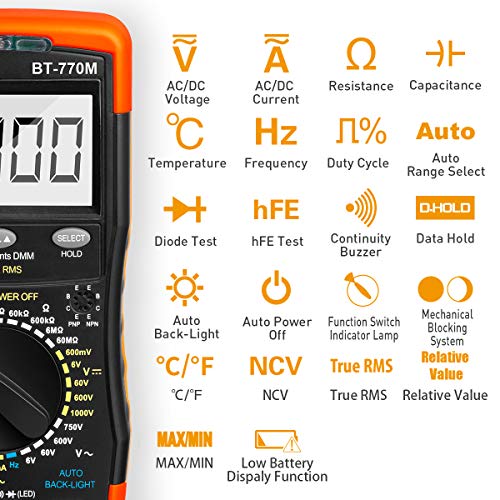 Digital Multimeter TRMS 6000 Count, BTMETER BT-770M Auto/Manual Ranging DMM Electrical Meter Tester for AC/DC Amp, AC/DC Volt