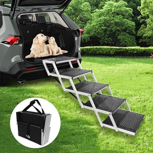 Dog Ramps for Small & Big Dogs Portable Folding Pet Stairs with Nonslip Surface Foldable Truck Ramp Stairs for Car, SUV and Trucks, Supports Up to 250LBS, 6 Steps