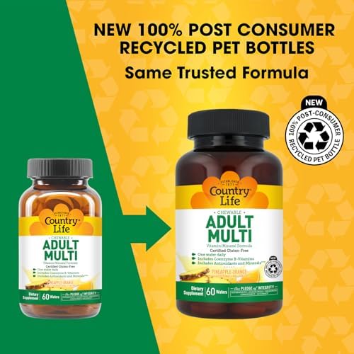 Country Life Adult Chewable Multivitamin, Pineapple Orange, 60 Wafers | 60 servings with coenzyme B vitamins