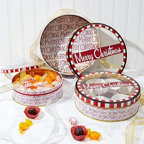 Juvale 3-Piece Cookie Tin with Lid - 8.75 in/7.75 in/6.5 in Round, Red & White - Tin Containers with Lids for Cookie Storage & Container Set