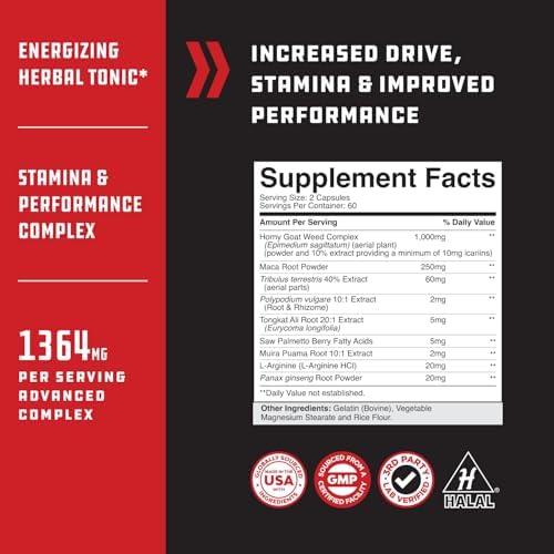 Testosterone Booster for Men with Horny Goat Weed & Maca - 60 Count