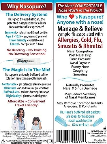 DR HANA'S NASOPURE Nasal Wash, “The Nicer Neti Pot” Little Sampler Sinus Wash Kit, Comfortable Rinse, 4 Oz