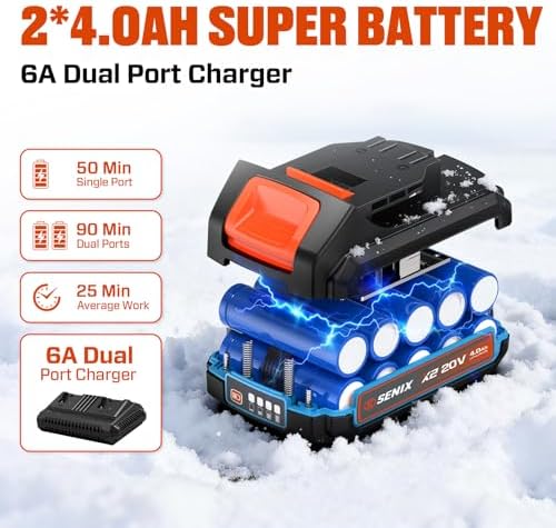 SENIX Cordless Snow Shovel, 40V | 13-Inch | 6-Inch | 8000mAh Snow Blower | 20FT Max Throw Distance, Plows 375lbs/Min, with Auxiliary Handle for Patio, Deck, Driveway