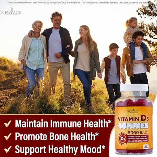NEW AGE Vitamin D3 5000 IU 125mcg Gummies - Immune Supplement - Non-GMO, Gluten-Free, Dairy-Free, No Gelatin (120 Gummies (Pack of 2))
