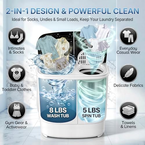 SUPER DEAL Compact Mini Twin Tub Washing Machine 13lbs Capacity Portable Washer Wash and Spin Cycle Combo, Built-in Gravity Drain for Camping