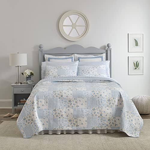 Laura Ashley - Queen Quilt Set, Cotton Reversible Bedding with Matching Shams, Bedroom Decor Ideal for All Seasons (Kenna Blue, Queen)