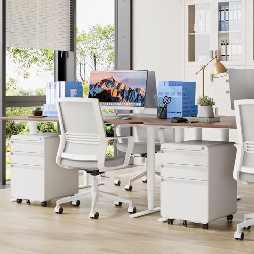 Dripex 3 Drawer Metal Rolling File Cabinet Under Desk Filing Cabinet White | 16"W x 18"D x 24"H, Lockable, 5 Wheels, Fully Assembled