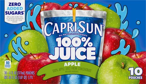 Capri Sun 100% Juice from Concentrate, 10 Pouches Apple Juice, 6 fl oz | for School Lunches and On-the-Go Hydration, All Natural Ingredients, No Artificial Colors, Flavors Or Preservatives