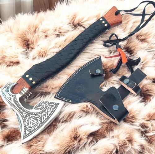 Poshland AX-7000 Custom Gift Forged Carbon Steel Viking Axe with Rose Wood Shaft, Viking Bearded Camping Axe
