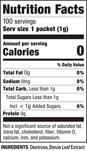 Stevia In The Raw, Plant Based Zero Calorie, No Erythritol, Sugar Substitute, Sugar-Free Sweetener for Coffee, Hot & Cold Drinks, Suitable For Diabetics, Vegan, Gluten-Free, 100Count Packets (1 Pack)