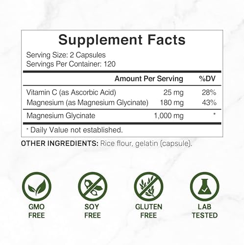 Magnesium Glycinate 500mg Per Capsule (1000mg Per Serving) Plus Vitamin C