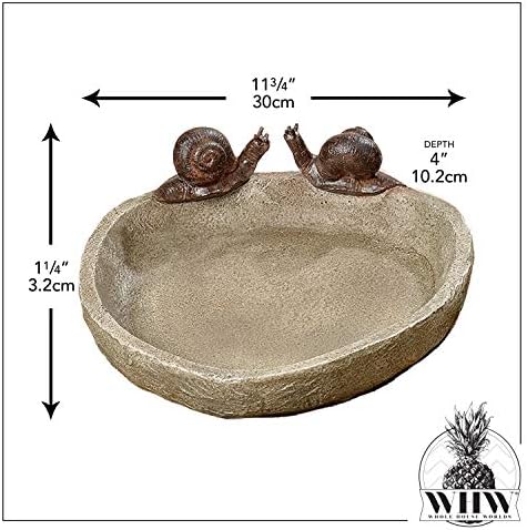 Bird Bath with 2 Snails, Off White Stone Finished Basin and Brown, All Weather Poly Resin, 8 1/4 inches Diameter (21cm)