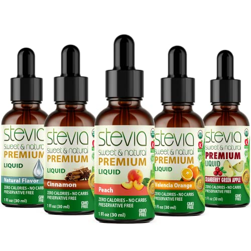 Stevia Intl (Pack of 5) TEA LOVERS Bundle. Premium Stevia Drops with 5 Flavors in Glass Bottles. All Naturally Sweet, Non-Bitter, 0 Calorie, 0 carb