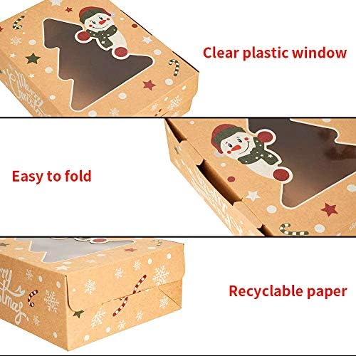 CCINEE Christmas Cookie Boxes,Kraft Treat Box with Window Ribbons for Bakery Candy Gift Giving Supplies,Pack of 12