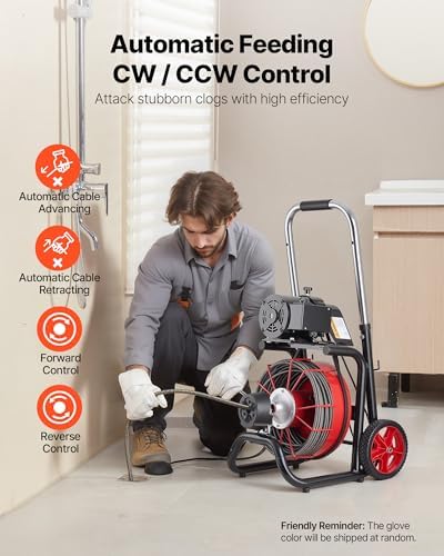 VEVOR Drain Cleaner Machine 75 FT x 3/8 Inch, Sewer Snake Auger Manual Feed with 4 Cutters & Air-activated Foot Switch for 2" to 4" Pipes