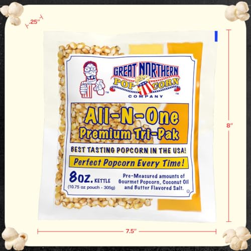 Movie Theater Style 40-Count Popcorn Packs - Pre-Measured 8-Ounce All-in-One Kernel, Salt, Oil Packets for Popping Machines by Great Northern Popcorn | All-in-One Pre-Measured Kernels, Butter Flavored Salt, and Coconut Oil Packets for 8oz Kettle - Movie…