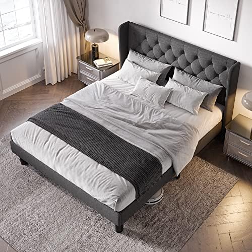 Allewie Queen Bed Frame with Button Tufted Wingback Headboard, Dark Grey | Modern Upholstered Platform Bed Frame, Strong Wood Slat Support