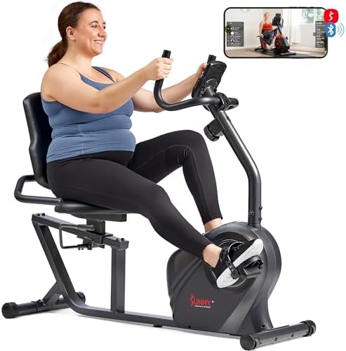 Sunny Health & Fitness Smart Recumbent Bike, Wide Cushioned Seat & Back, Indoor Cycling Machine for Adult/Seniors Home Exercise, Free SunnyFit App Connection
