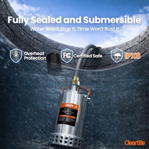 Stainless Steel Submersible Utility Water Pump, 3/4 HP 3780 GPH, Thermoplastic Portable Plug & Work, Ideal for Pool, Flooded Basement, Hot Tub, Pond & Garden Draining, 10 FT Cord