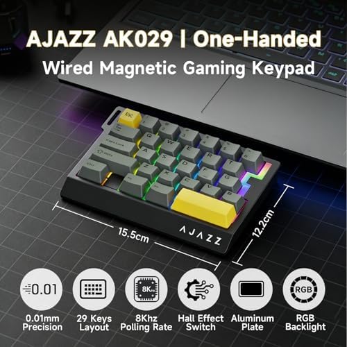 AJAZZ AK029 Wired One-Handed Hall Effect Mechanical Gaming Keypad, 29 Keys | Magnetic Switch, Rapid Trigger, 8KHz Polling, SOCD/DKS, RGB Backlit, Web Driver Customizable, Portable, Black Gray