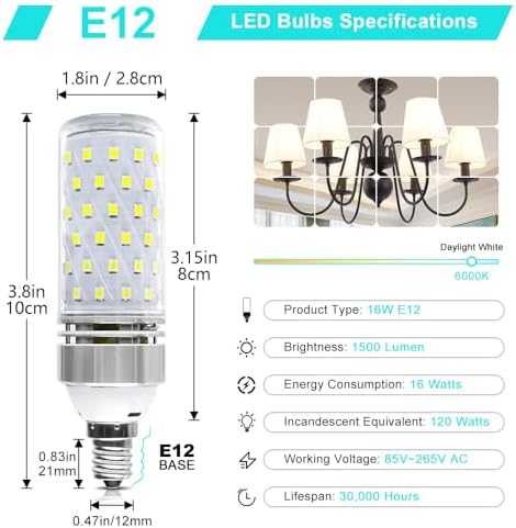 LEDLightsWorld Super Bright E12 LED Corn Bulbs, 16W 1500LM Bulbs, Daylight White 6000K Lights, CRI80+, 120W Incandescent Bulb Equivalent