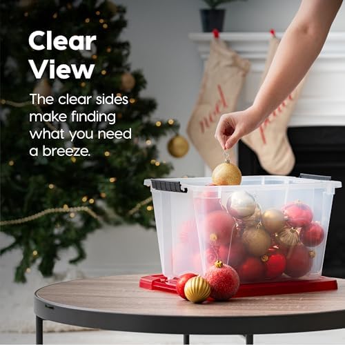 IRIS USA 2-Pack Holiday Ornament Storage Box with Attached Lid, Clear/Red