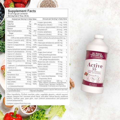 Buried Treasure Active 55 Plus - 32 serv, Liquid Multivitamin for Seniors, Vegan, Sugar-Free, Natural Immune Support, Vitamins & Super-Foods Blend