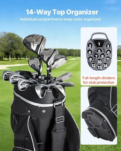 VEVOR Golf Cart Bag, 14 Way Molded Lock Top Divider Organizer, Golf Club Bag with Full-Length Divider, Handles, Storage Pockets, Shoulder Strap, Rain Hood, Smooth Zippers for Men & Women