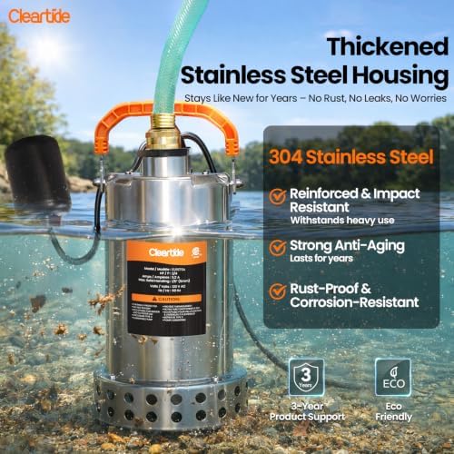 Stainless Steel Submersible Utility Water Pump, 3/4 HP 3780 GPH, Thermoplastic Portable Plug & Work, Ideal for Pool, Flooded Basement, Hot Tub, Pond & Garden Draining, 10 FT Cord