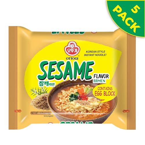 OTTOGI Spicy Sesame Flavor Ramen – Korean Instant Noodle with Egg Block, Spicy Sesame Broth, 4.05 oz (Pack of 5)