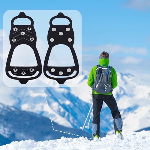 2 Pairs Ice Cleats for Shoes and Boots,Universal 8 Steel Studs Crampon Ice & Snow Grippers for Winter Hiking Climbing Ice Fishing,Anti-Slip