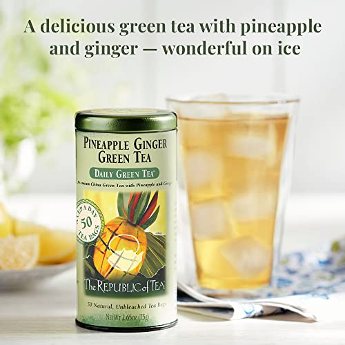 The Republic of Tea Daily Green Pineapple Ginger Green Tea, 50 Ct | Low Caffeine. A gentle cup for everyday. Fresh and lightly vegetal with notes of warming spice and juicy fruit. Gluten Free.