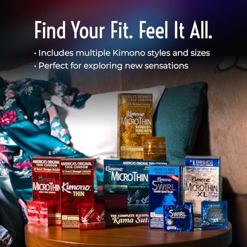 Kimono MicroThin Sheer Variety Pack of 12 - Multiple Styles of Ultrathin Condom Shapes, Unique Designs in One Pack, Natural Latex Condoms, Vegan-Friendly, No Latex Odor - Enhanced Sensitivity
