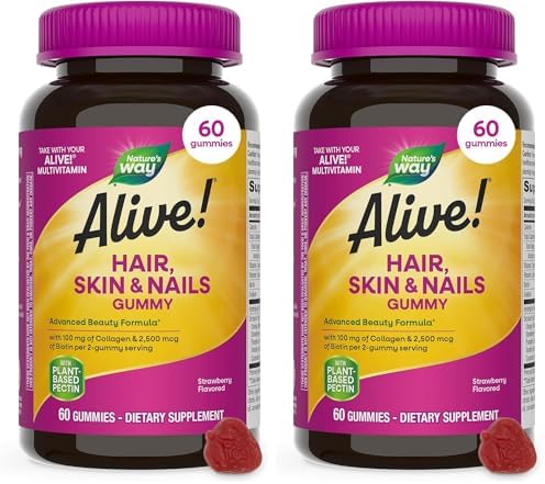 Nature's Way Alive! Hair, Skin & Nails Gummies with Collagen & Biotin,60 ct | Advanced Beauty Formula Supplement with Antioxidant Vitamins C & E*, 100 mg Collagen, 2,500 mcg Biotin, Strawberry Gummy