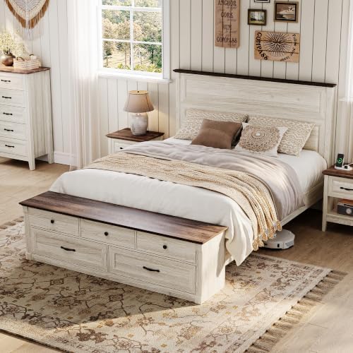 LINSY Storage Bed Frame Queen Bedframe with Drawers, Farmhouse Bed Frame Queen-Size with Headboard and Footboard Bench