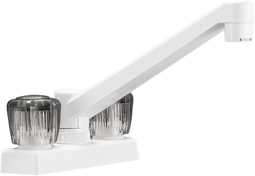 Dura Faucet DF-PK640S-WT RV Swivel Kitchen Galley Bar Faucet (White) | Smoked acrylic knobs and a rotating spout serve sink or bar duty.