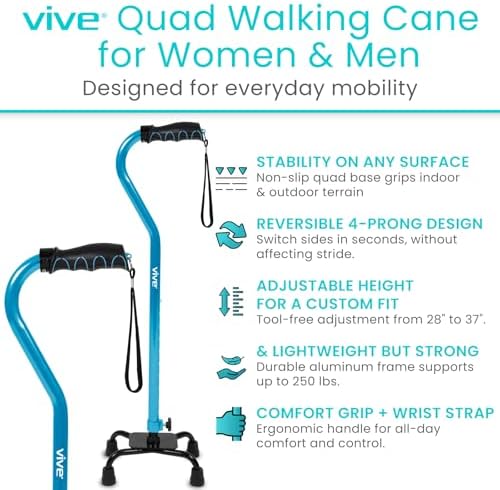 Vive Quad Cane - Walking Stick for Men and Women - Lightweight Adjustable Staff - Comfortable Right and Left Hand Grip for Stability Support - Four Prong Sturdy Aluminum Travel Aid - 4 Tip Blue | Senior 4 Prong Walking Stick for Stability & Balance- Righ…