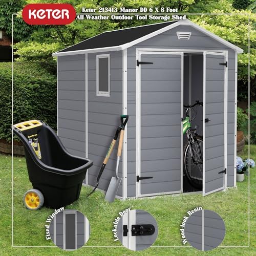 Keter Manor 6x8 Foot All Weather Garden Tool Outdoor Storage Shed with Lockable Double Doors, Fixed Window and Wood-Look Resin Walls