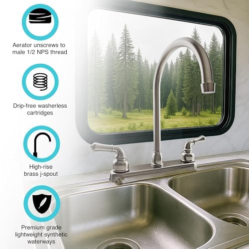 Dura Faucet DF-PK330HC-SN RV J-Spout Kitchen Sink Faucet (Satin Nickel) | Tall spout clears big pots; dual levers fine-tune water flow. Brushed Satin Nickel.
