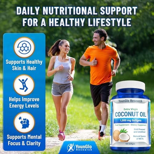Coconut Oil 1000 mg 100% Cold-Pressed Organic Extra Virgin Coconut Oil 180 Vegan Softgel Capsules Keto-Friendly Dietary Supplement Support for Hair, Nails & Skin Health