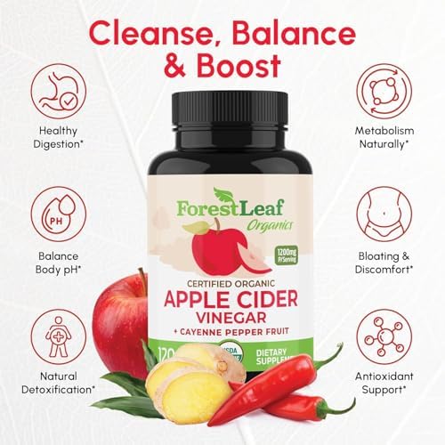USDA Organic Apple Cider Vinegar Capsules with Mother, 1200 mg | Vegan & Non-GMO | Apple Cider Vinegar Pills with Cayenne Pepper & Ginger Root | 120 Caps