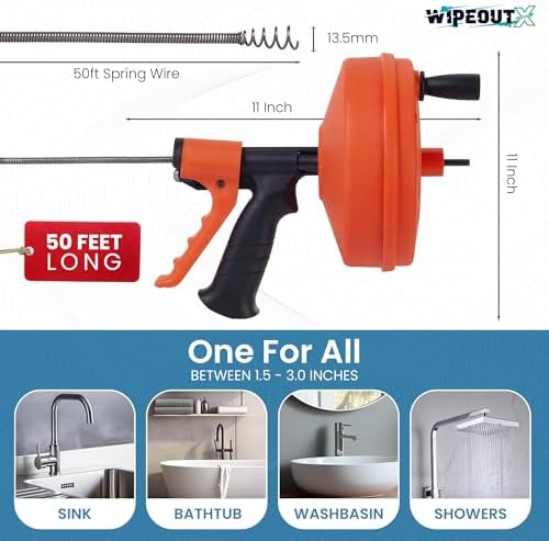 Drain Auger 50 Ft with Drill Attachment, Drain Snake Clog Remover Kit | Includes Gloves, Glasses, Brushes