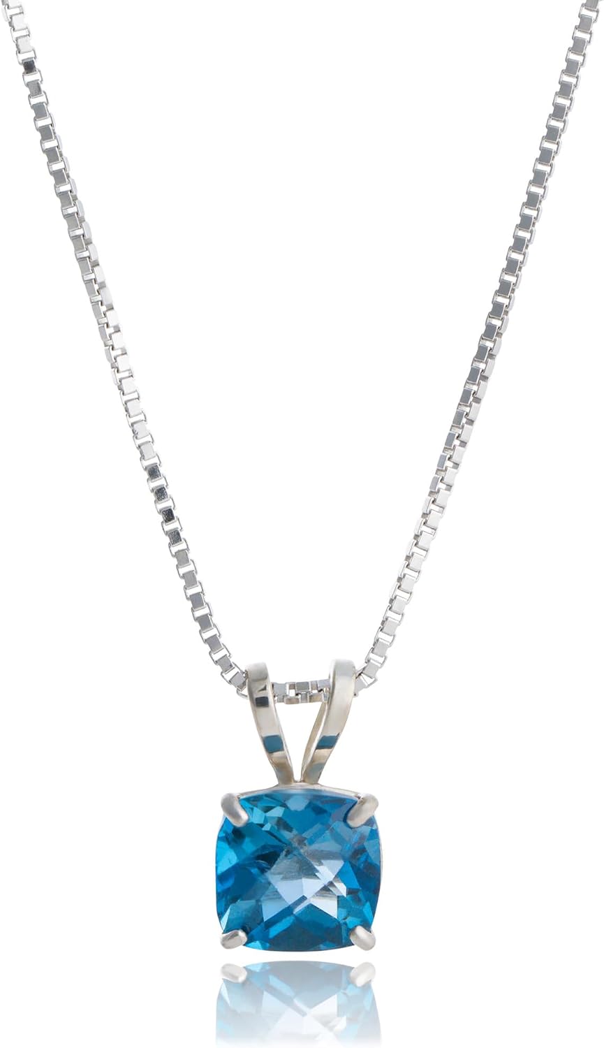 MAX + STONE 925 Sterling Silver Cushion Cut Birthstone Necklace for Women | 6mm Hypoallergenic Solitaire Necklace | Gemstone Pendant Necklaces with 18 inch Box Chain