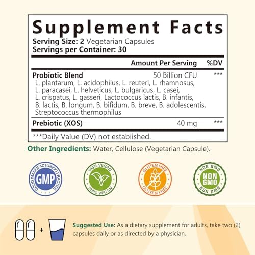 Probiotics 50 Billion per Serving, 18 Probiotic Strains, 60 Veggie Capsules - Non-GMO, Gluten Free
