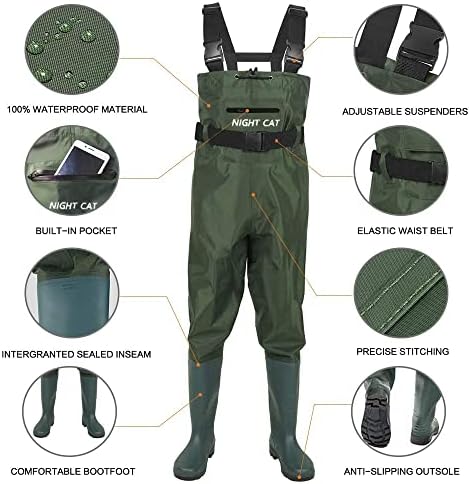 Night Cat Fishing Waders for Men Women Waterproof Hunting Chest Wader with Bootfoot Belt Breathable Lightweight Size 6 to 14