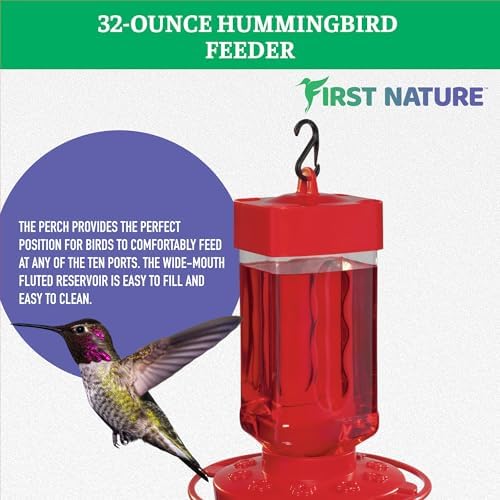 First Nature Hummingbird Feeder - 10 Feeding Ports - Red Base | Wide Mouth Prevents Messy Spills - Sealing Ring Prevents Bottom Leaks - Multi-Port Base Accommodates Flocks