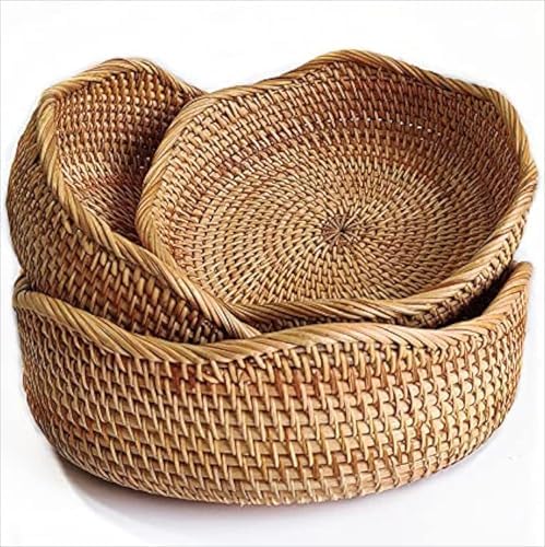 YANGQIHOME Rattan Bread Basket, Round Fruit Baskets, Wicker Storage Bowls, Natural Woven Serving Basket Bowls