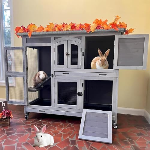Outdoor Rabbit Hutch Indoor Bunny on Wheels Large Guinea Pig Cage with Run for Any Small Animals,Removable Pull Out Tray
