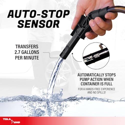 TERA PUMP Next Gen Garage Gas Can Pump with Auto-Stop | No Heavy Gas Can Lifting, 39" Strong Vinyl Hose, Flexible Intake Hose, Universal Adapter